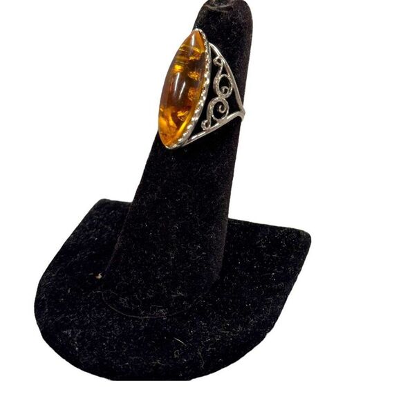 Vintage Statement Natural Baltic Amber Marquise Ring Ornate Silver Filigree Sz6 - Picture 2 of 10